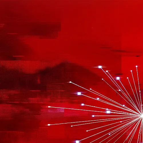 Abstract visualization of a monorepo with white nodes and connection lines on a vibrant red digital background.
