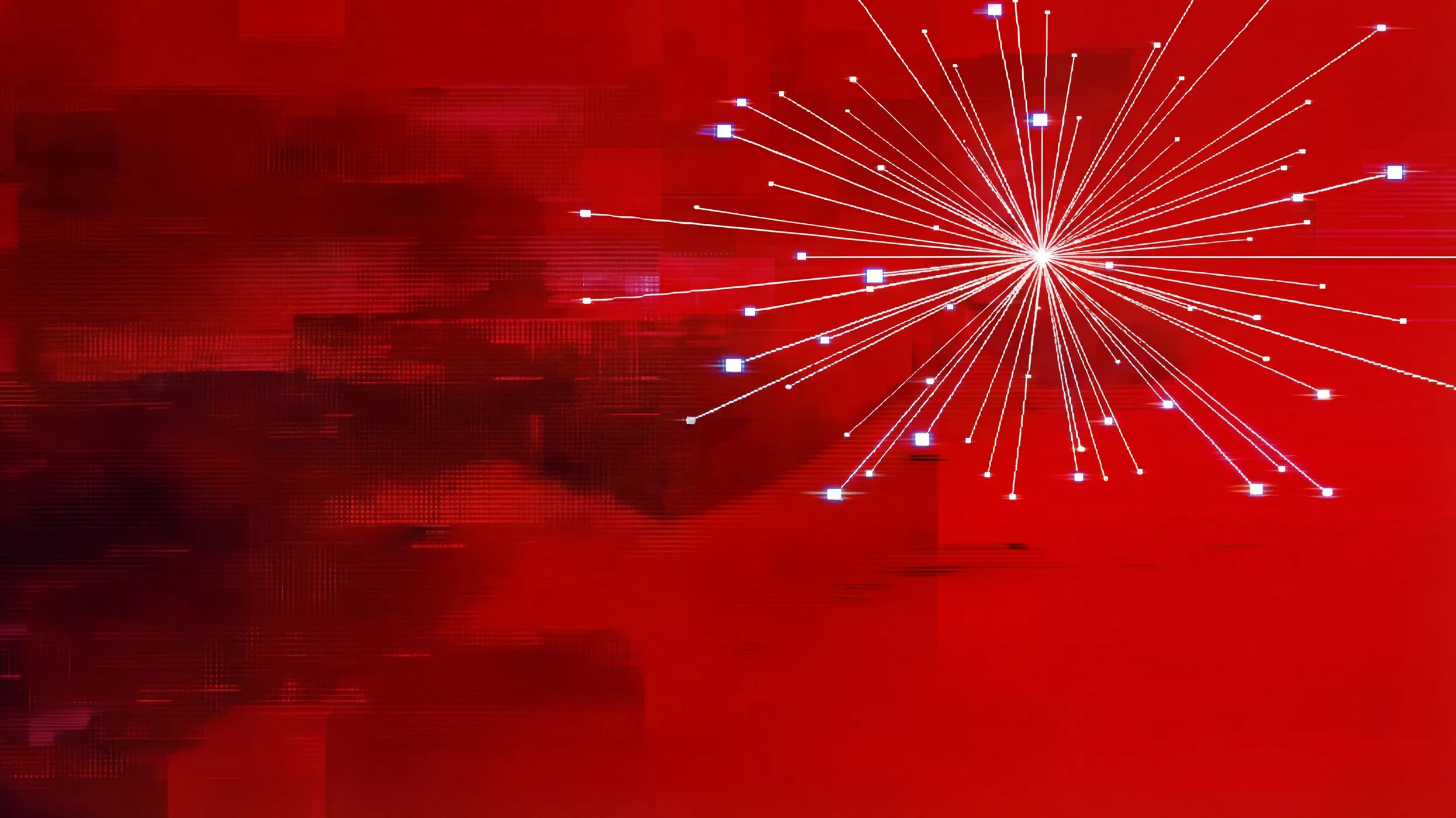 Abstract visualization of a monorepo with white nodes and connection lines on a vibrant red digital background.